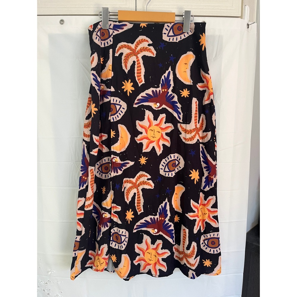 Shein X Celestial Sun Moon Evil Eye Print Midi Skirt Black Multi Large NEW